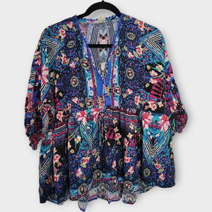 Jaase Floral Boho Hi Lo Tassel Split Neck Relaxed Blouse Top Women Sz XS